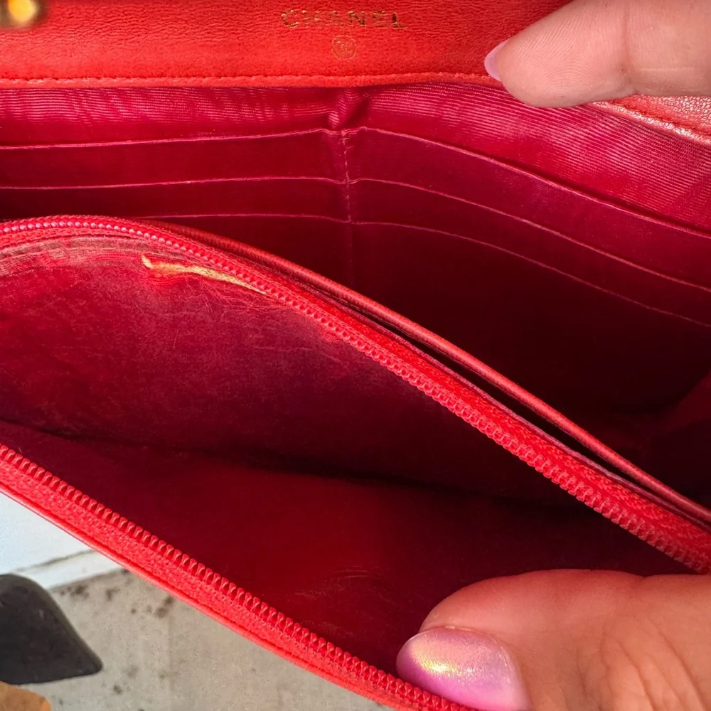 Vintage Chanel Red Caviar Leather Clutch Authentic, with Aftermarket Chain - Picture 13 of 14